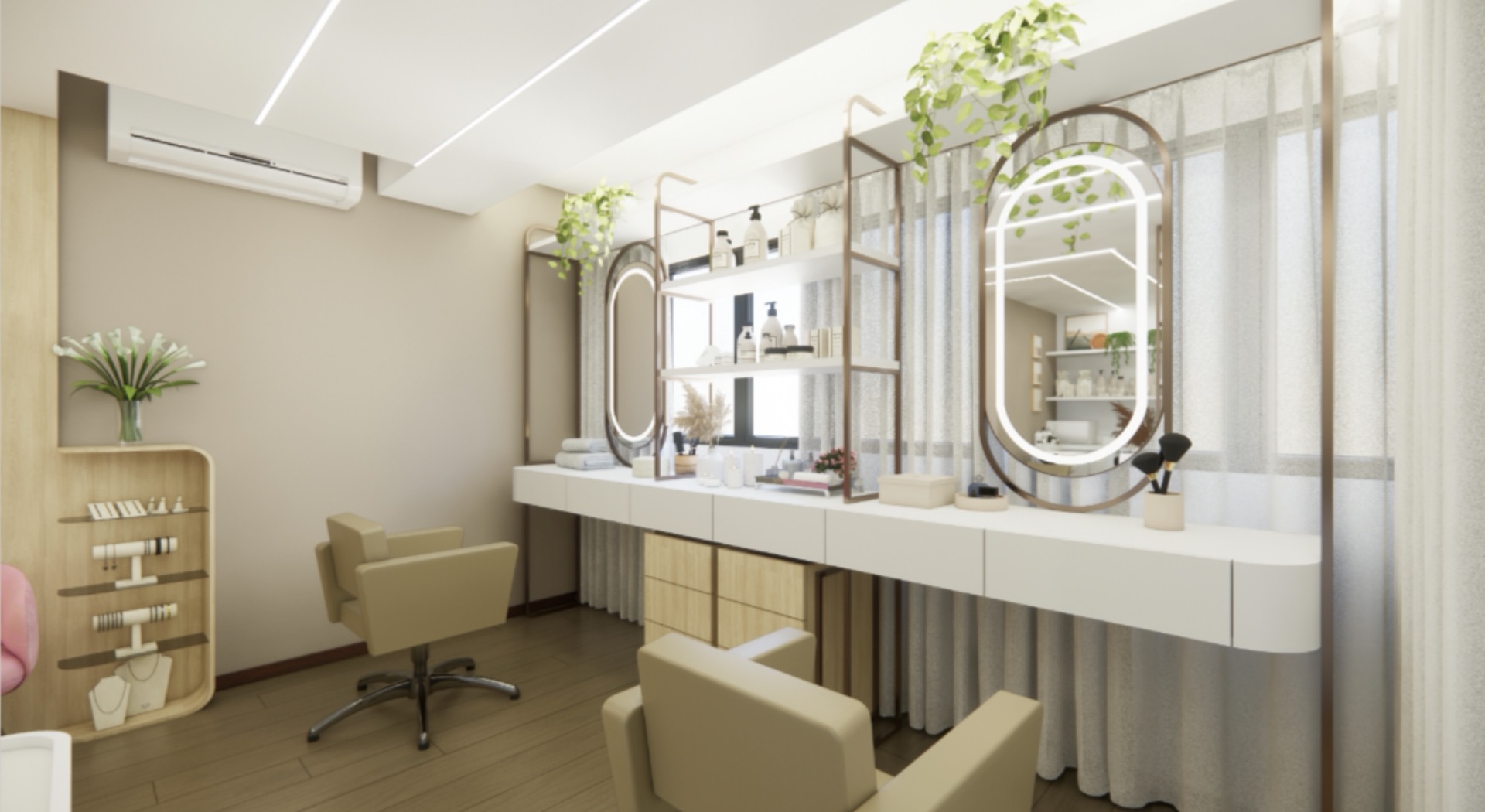 Estações de cabelo com espelhos iluminados no Boho Studio
