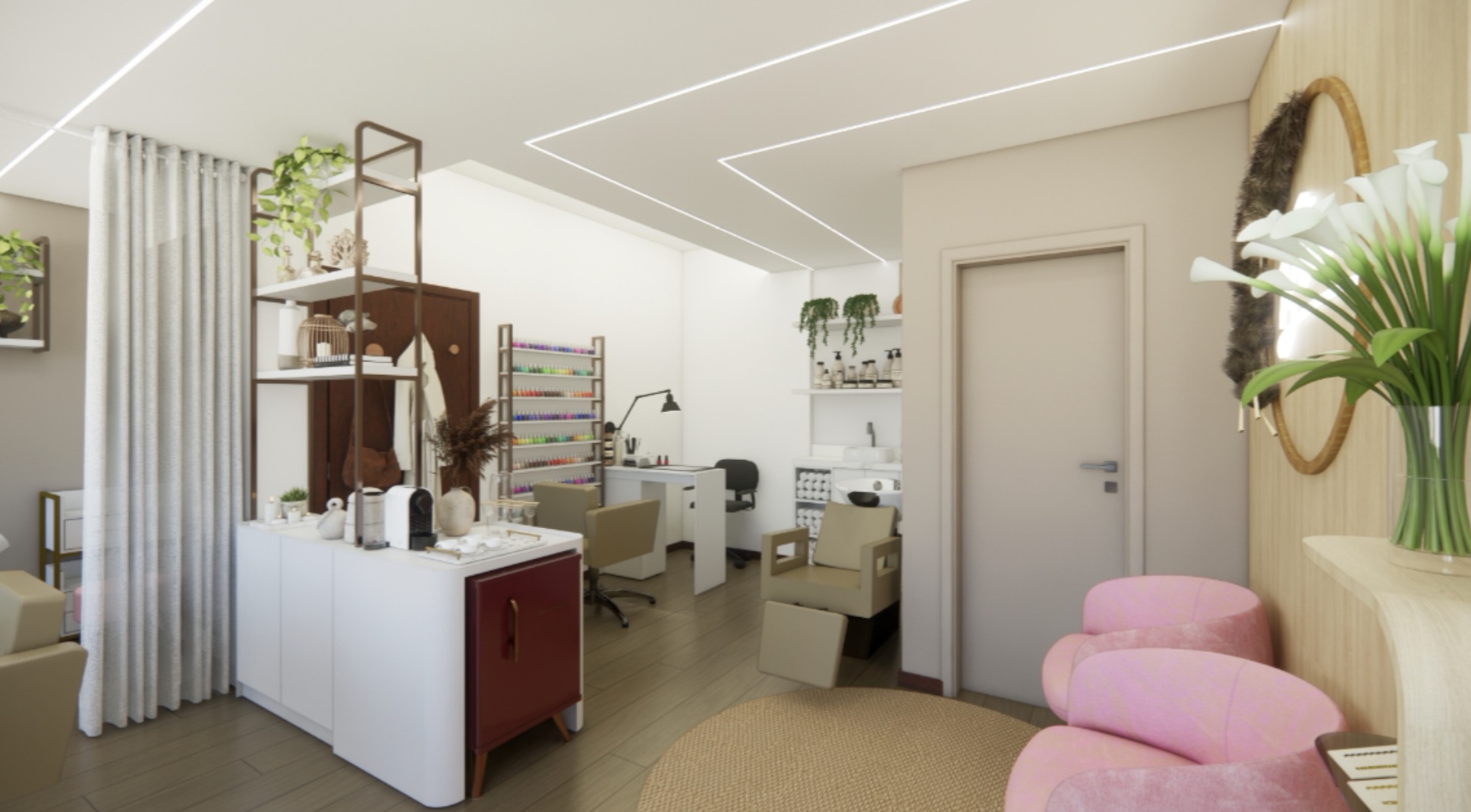 Espaço de manicure e lavatório do Boho Studio